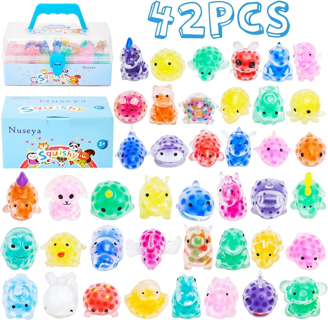 Squishy Toys 42 Mochi Soft Mini Squishies Animals Small Rewards for Party Favours Party Bag Fillers with Box (No Duplication)